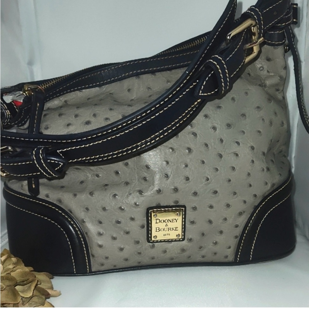 Dooney & Bourke Black and Gray Ostrich Shoulder Bag Expandable Strap With COA